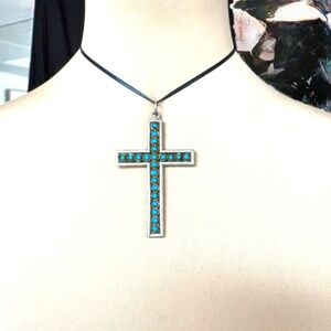 necklace pendant 2.75" cross silver tone blue vintage religious 54" black cord